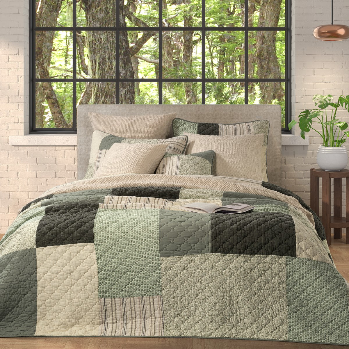 Broccolini green and cream patchwork quilt