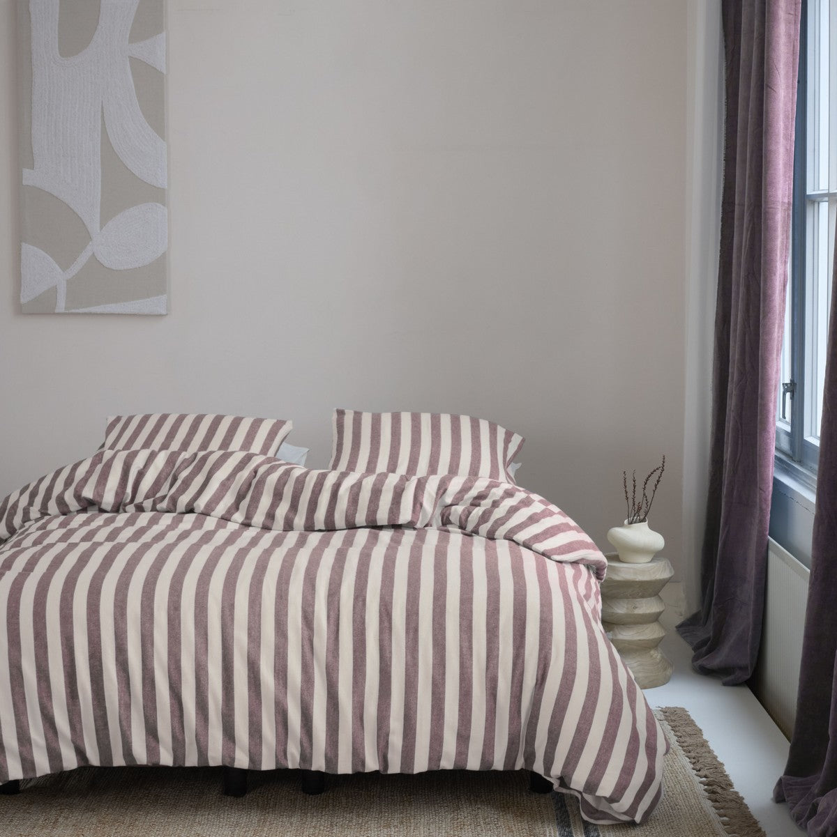 Housse de couette crème à rayures bordeaux Elias