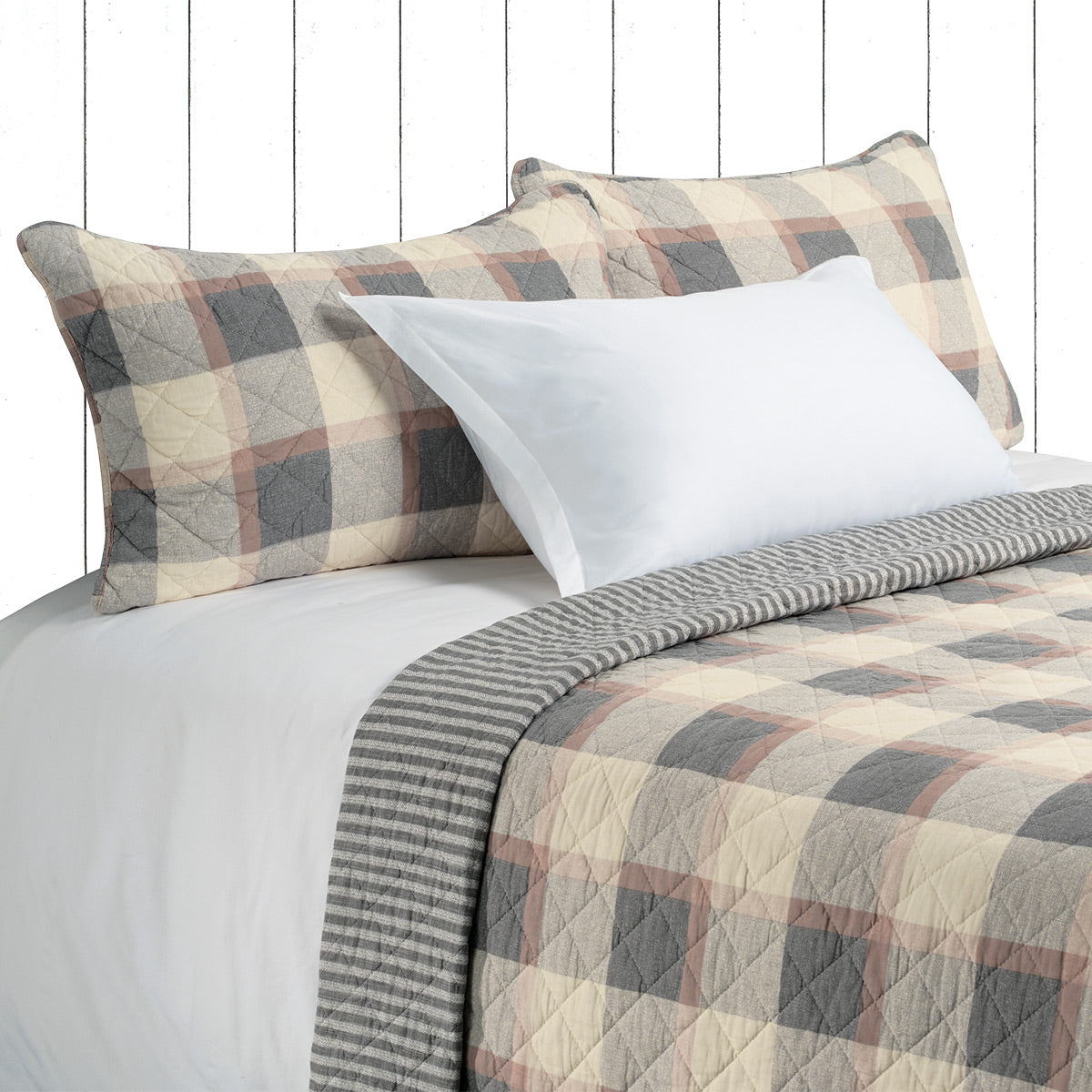 Germain cream, grey and tan plaid reversible quilt