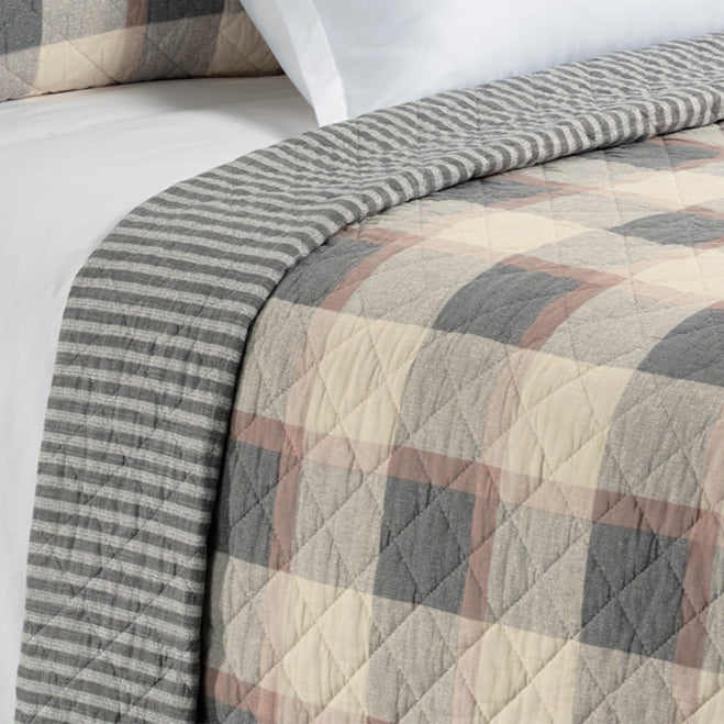 Germain cream, grey and tan plaid reversible quilt