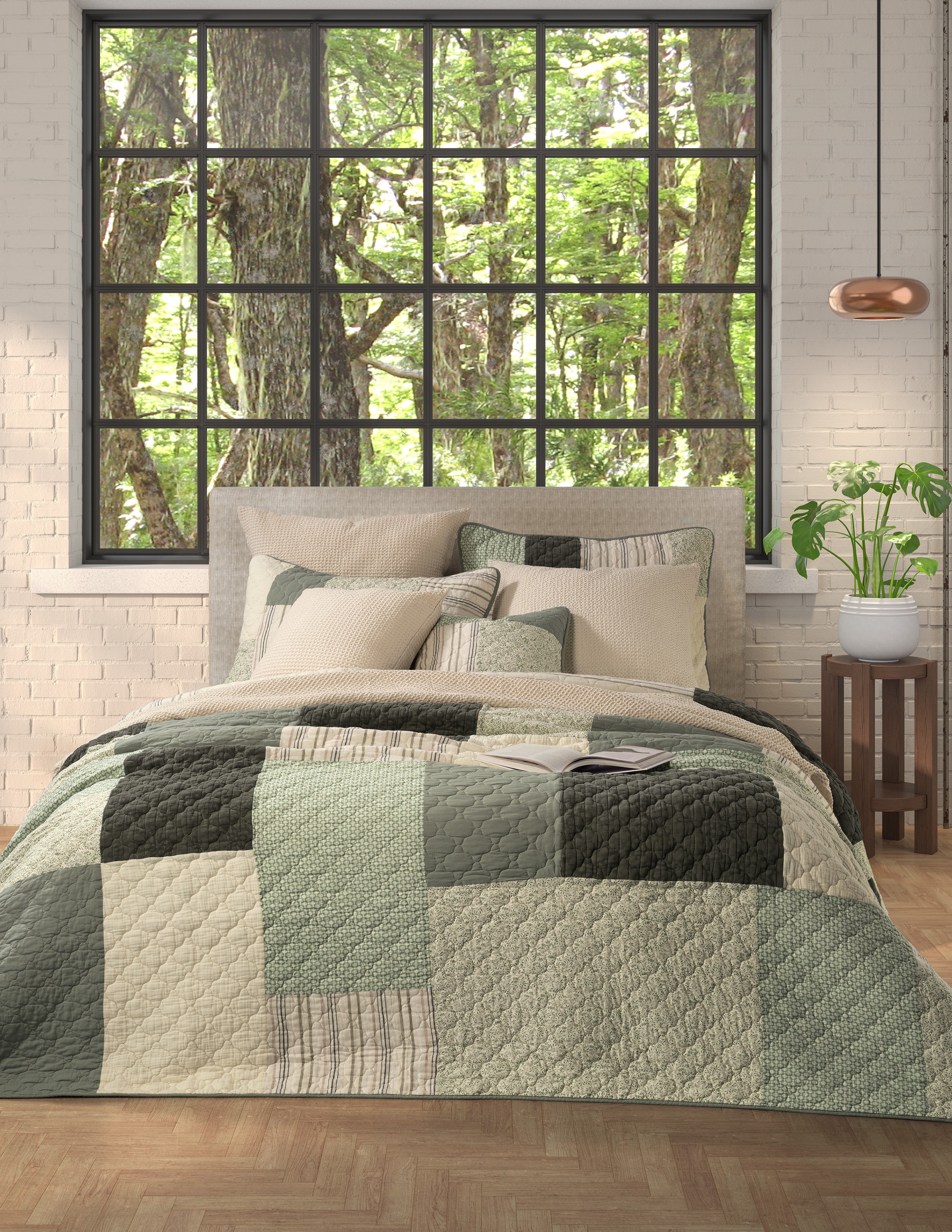 Courtepointe patchwork vert et crème Broccolini