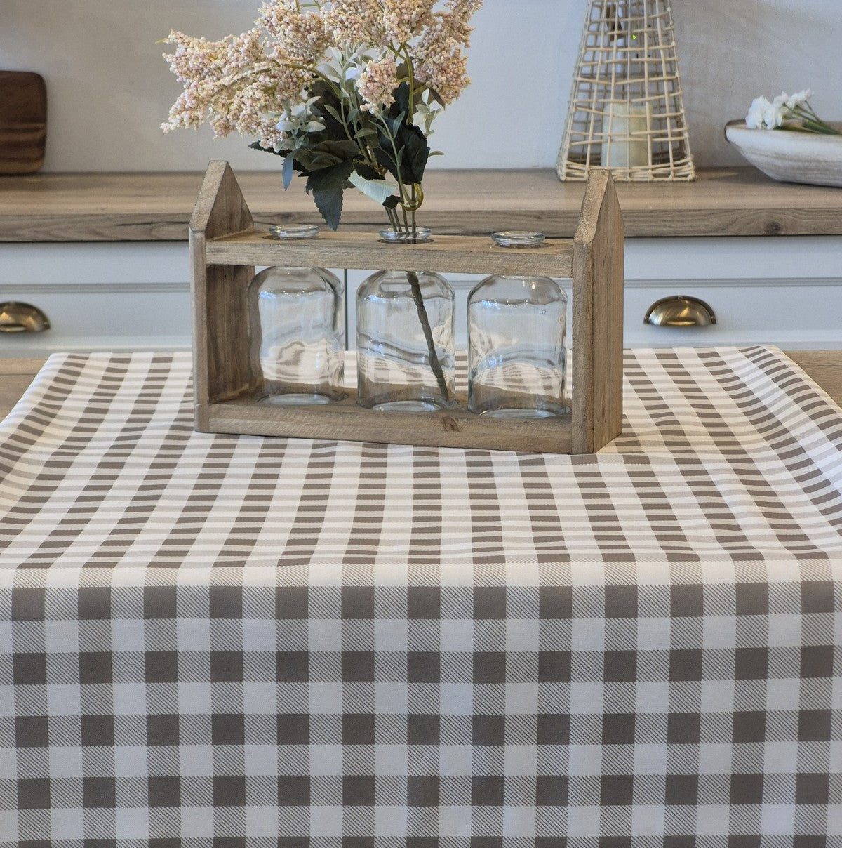 Vichy grey and white checkered tablecloth