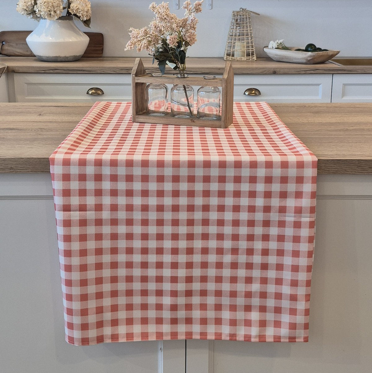 Vichy coral and white checkered tablecloth