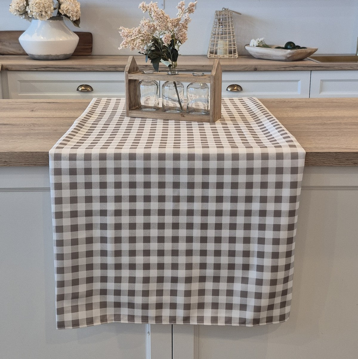 Vichy grey and white checkered tablecloth
