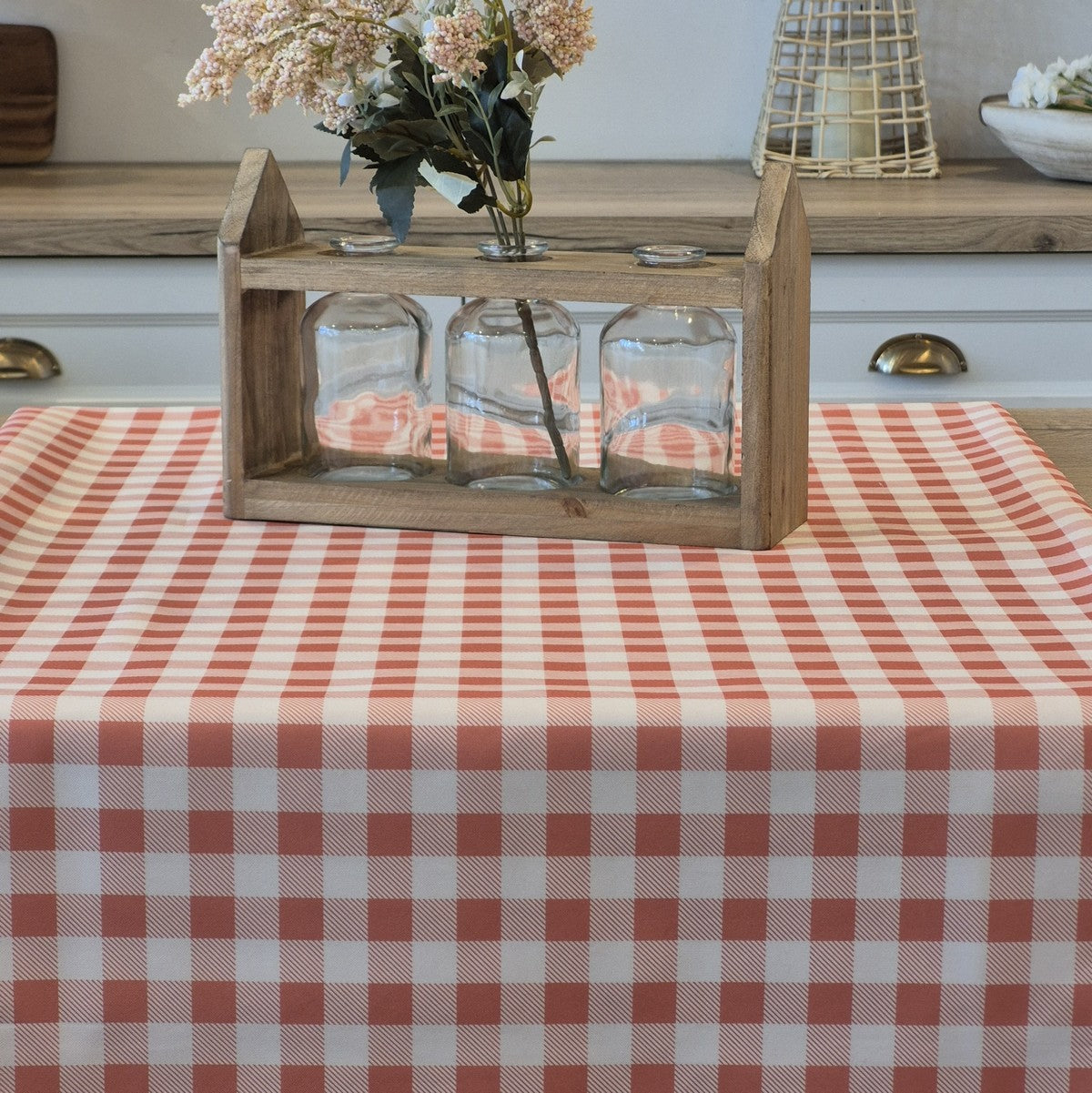 Vichy coral and white checkered tablecloth