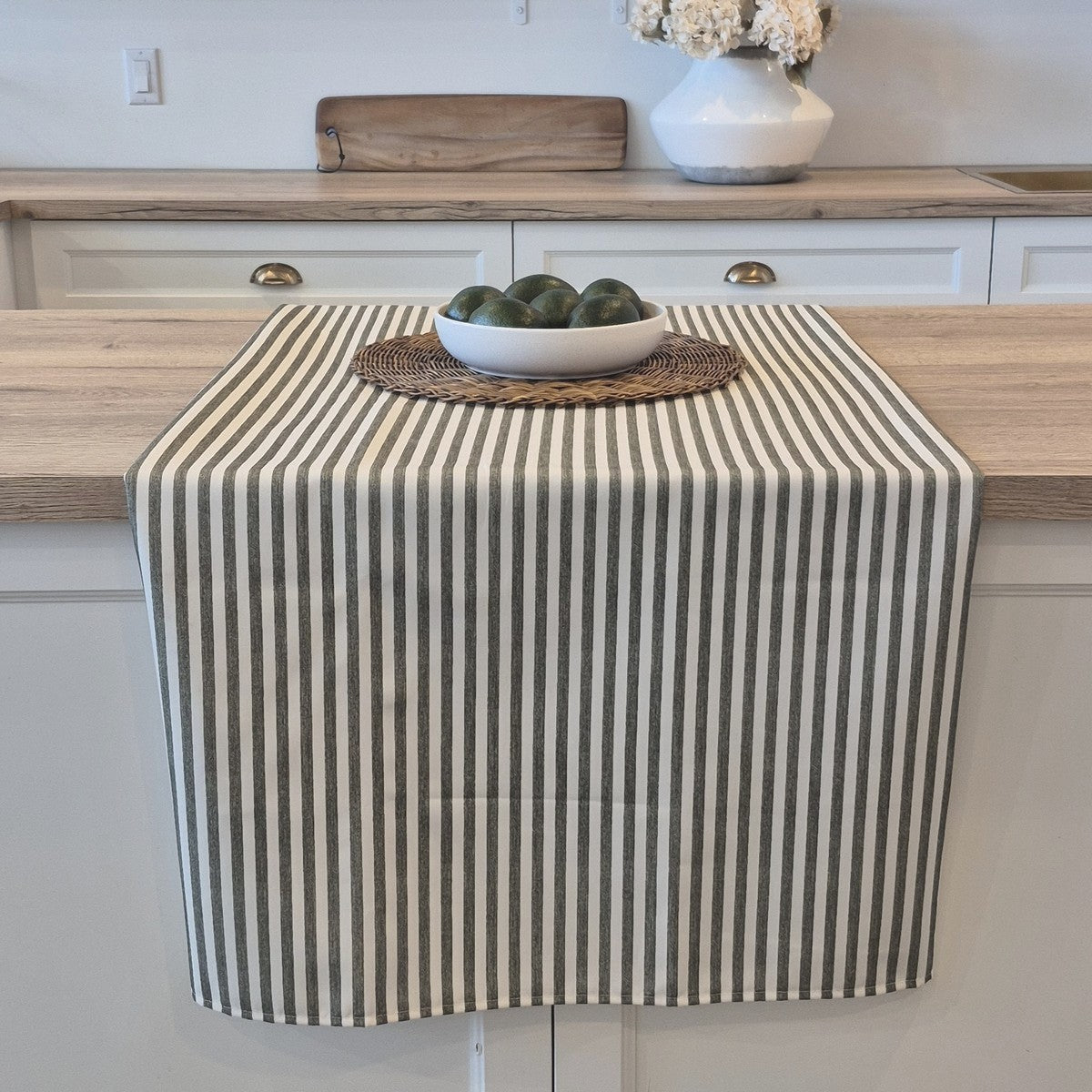 Seacoast green striped tablecloth