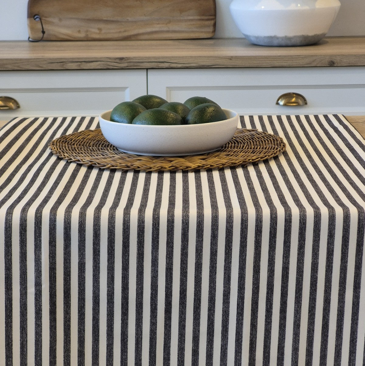 Seacoast grey striped tablecloth