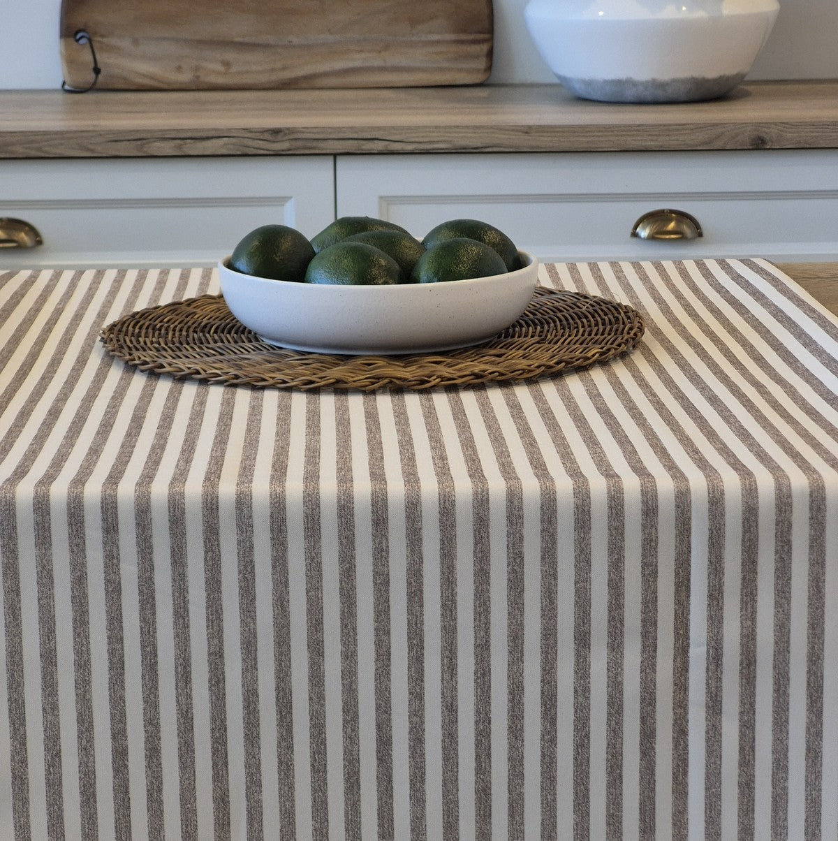 Seacoast taupe striped tablecloth