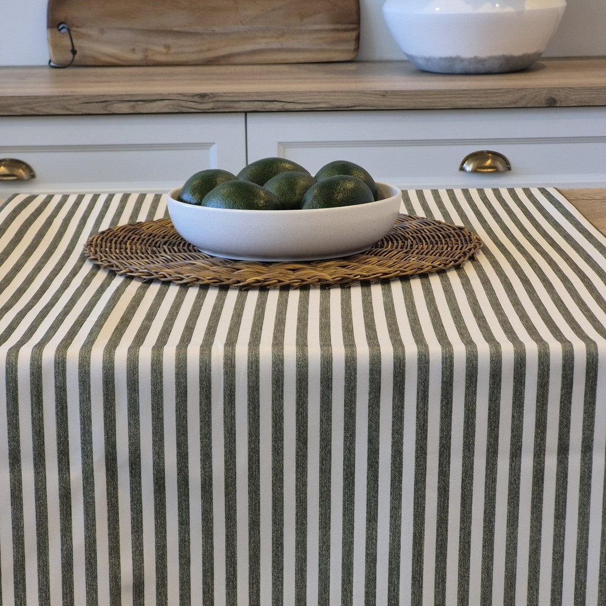 Seacoast green striped tablecloth