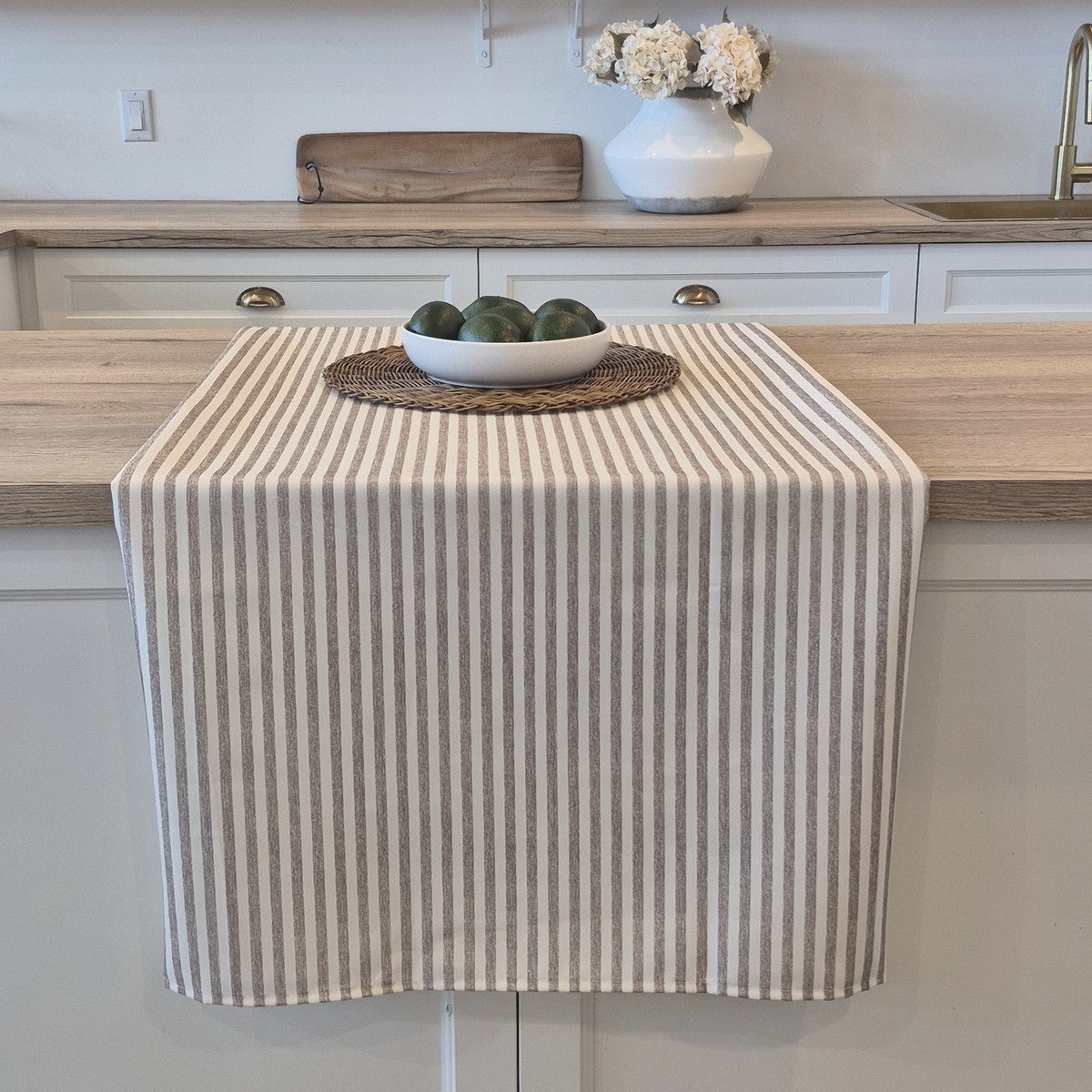 Seacoast taupe striped tablecloth